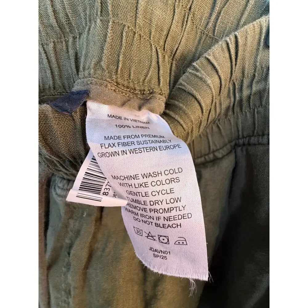 Quince 100% European Linen Wide Leg Pants Olive Green Drawstring Large Coastal